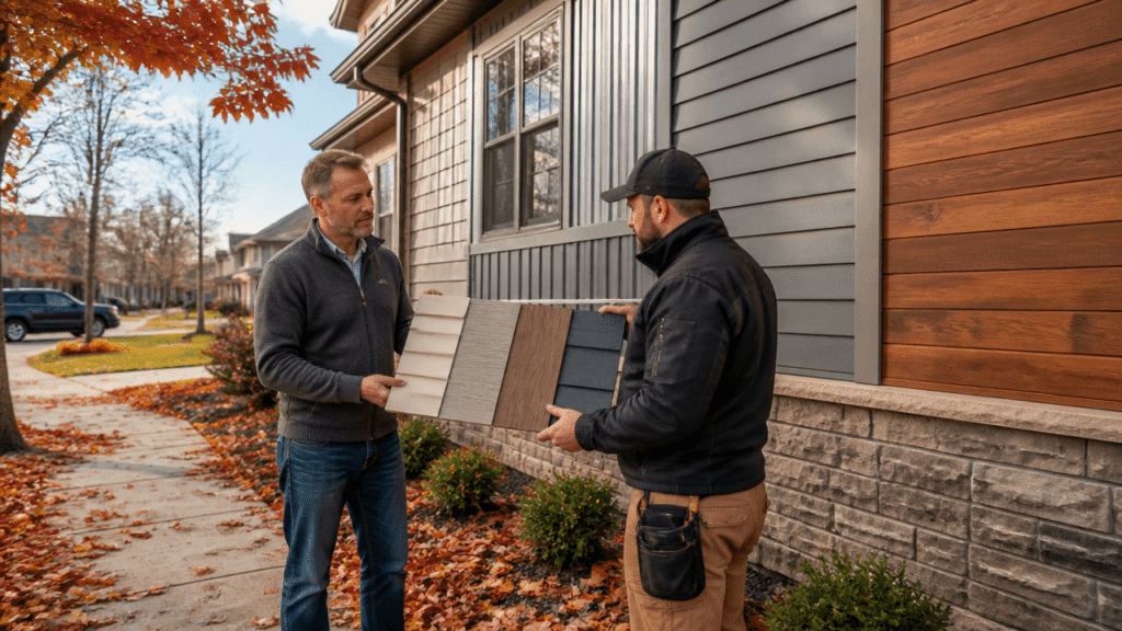 Homeowner comparing types of siding options for a Lincoln, NE house checklist.
