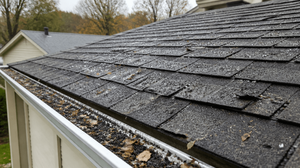 Hail-damaged asphalt roof with cracked shingles, dents, and granule loss after a storm