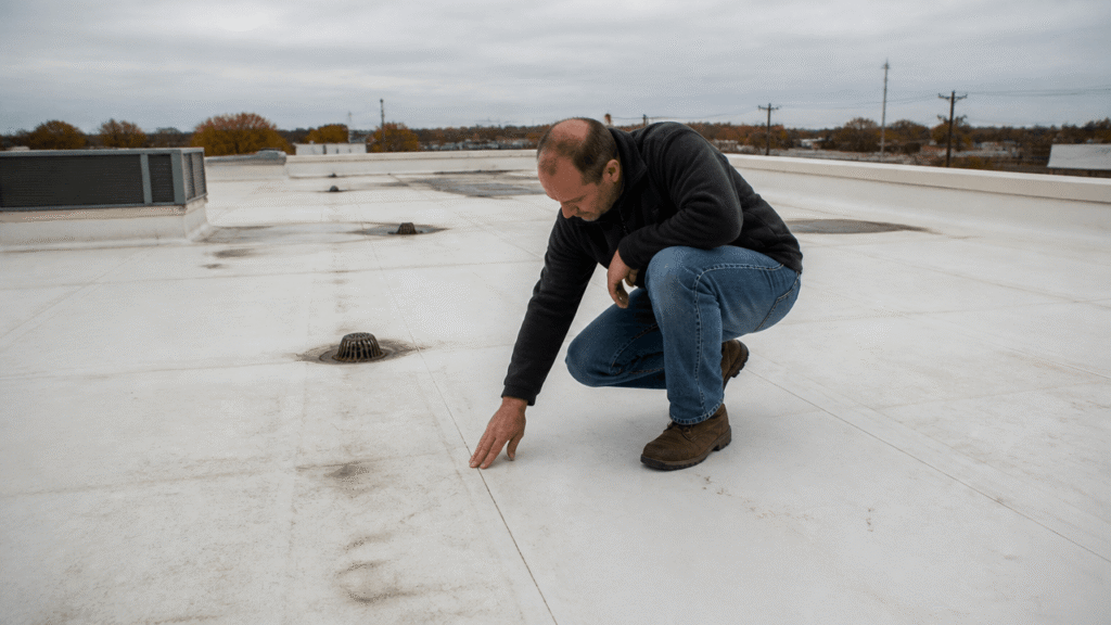 Commercial flat roof with TPO membrane and inspector reviewing roof condition outdoors