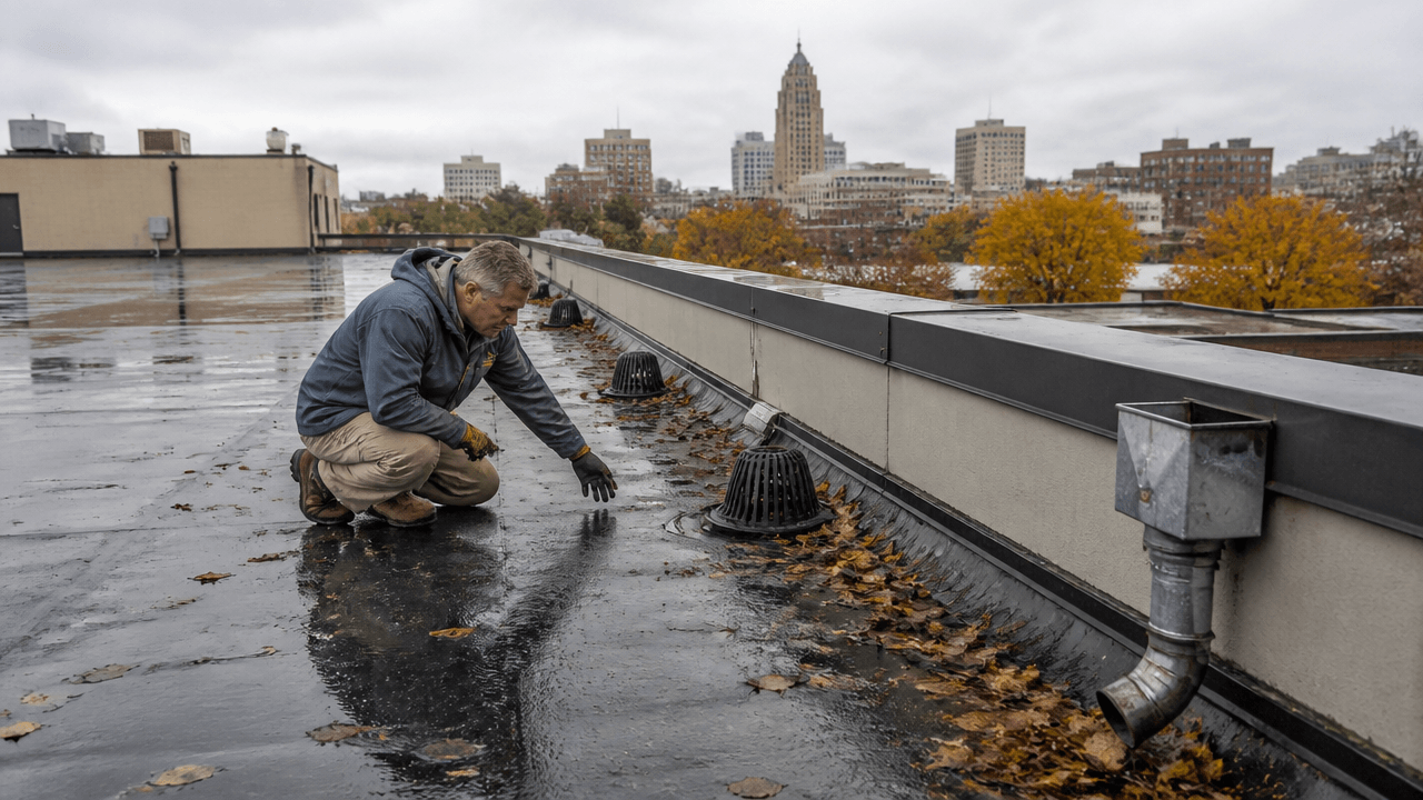 Commercial roof drainage systems checklist on a flat roof with drains and fall leaves in Lincoln, NE