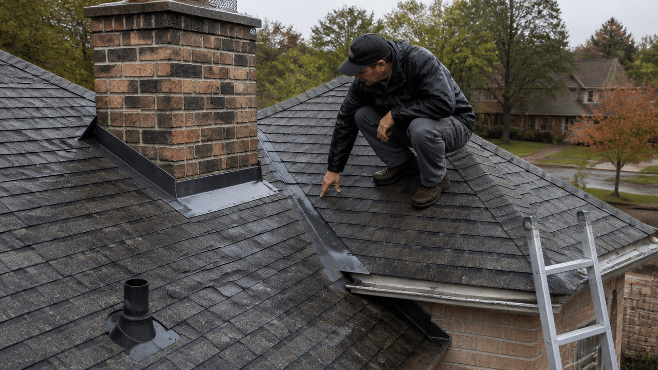 Roof flashing types checklist on a house roof with chimney and vent flashing during inspection